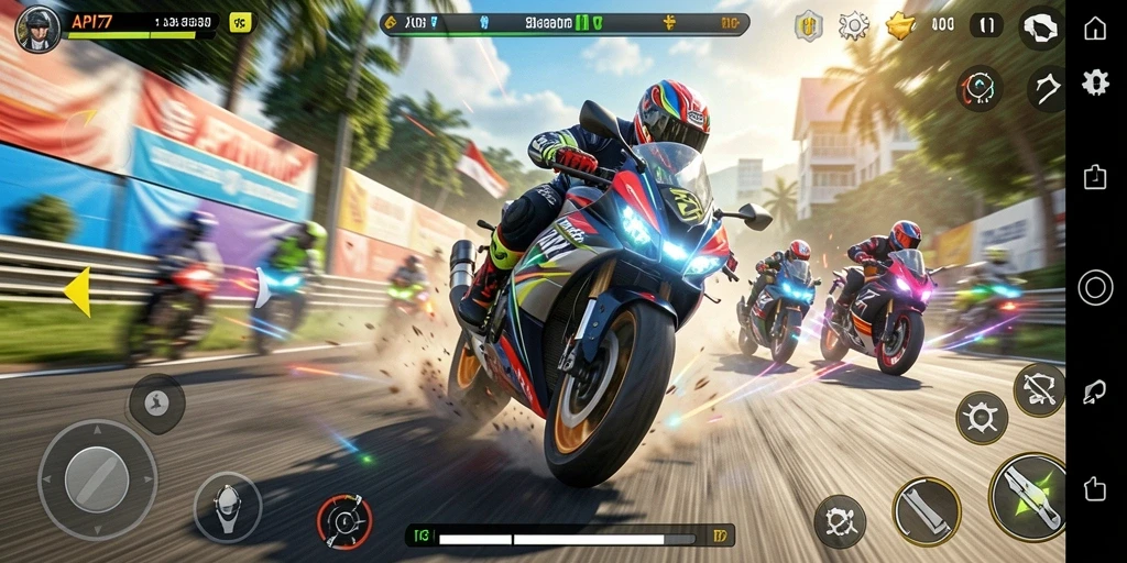 Tampilan gameplay menarik dengan balapan motor seru.