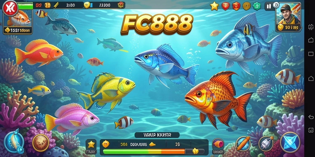 Screenshot utama FC888 menampilkan aksi menembak ikan yang seru.