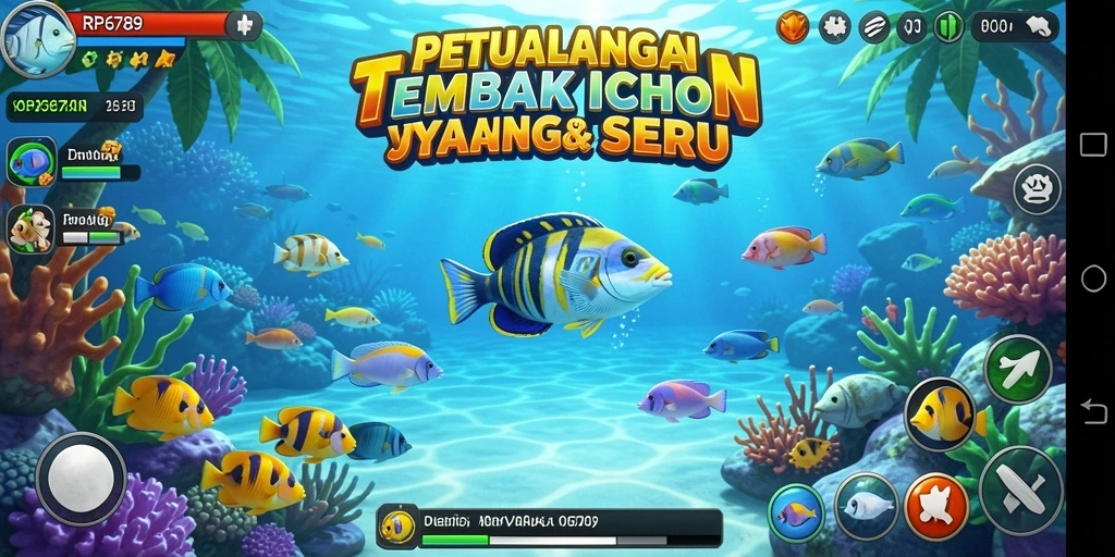 Screenshot menampilkan gameplay seru Tembak Ikan RP6789 dengan berbagai ikan berwarna.