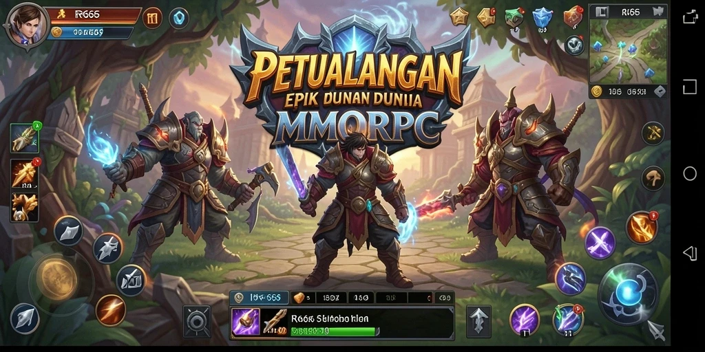 Screenshot utama RR666 menampilkan berbagai aksi dalam permainan MMORPG yang mendebarkan.