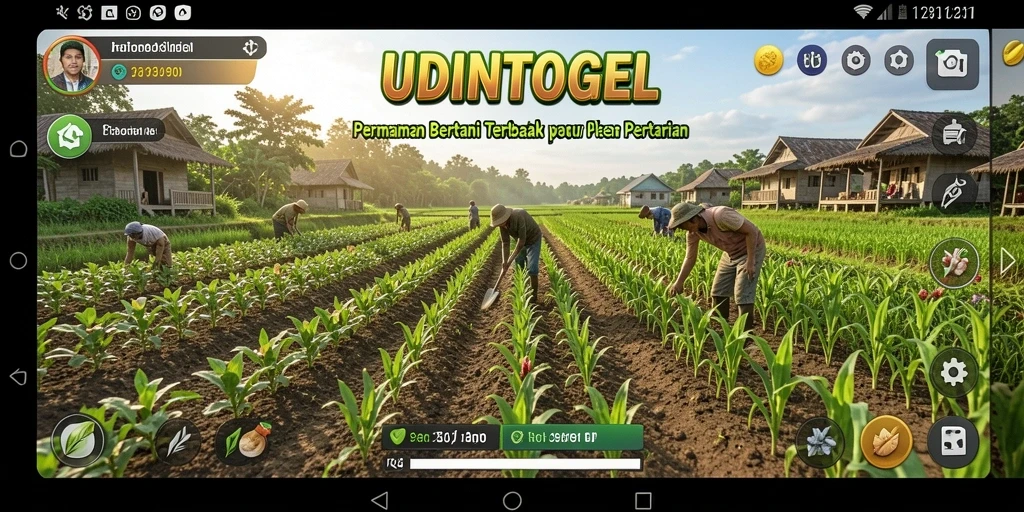 Screenshot gameplay UDINTOGEL menampilkan ladang yang asri dan interaksi pertanian.
