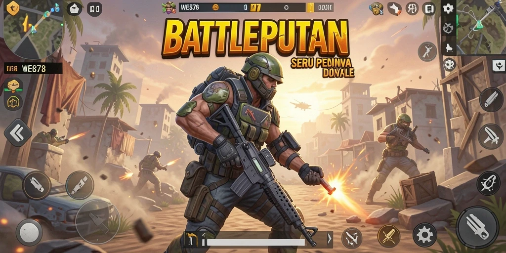 Screenshot gameplay WE878 menampilkan pertempuran seru Battle Royale.