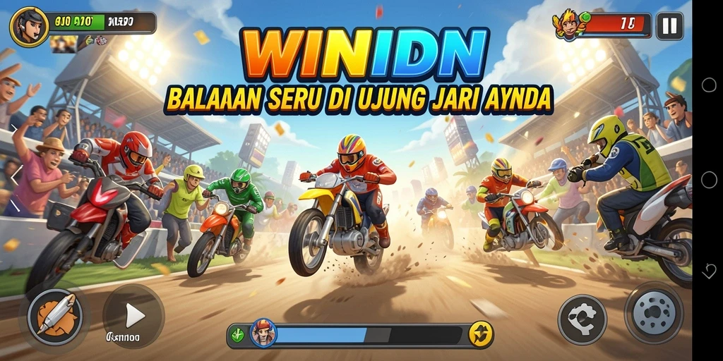 Screenshot gameplay WINIDN yang menunjukkan balapan mendebarkan.