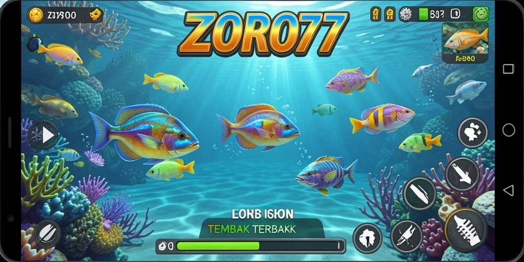 Screenshot gameplay ZORO77 menampilkan aksi Tembak Ikan yang seru.